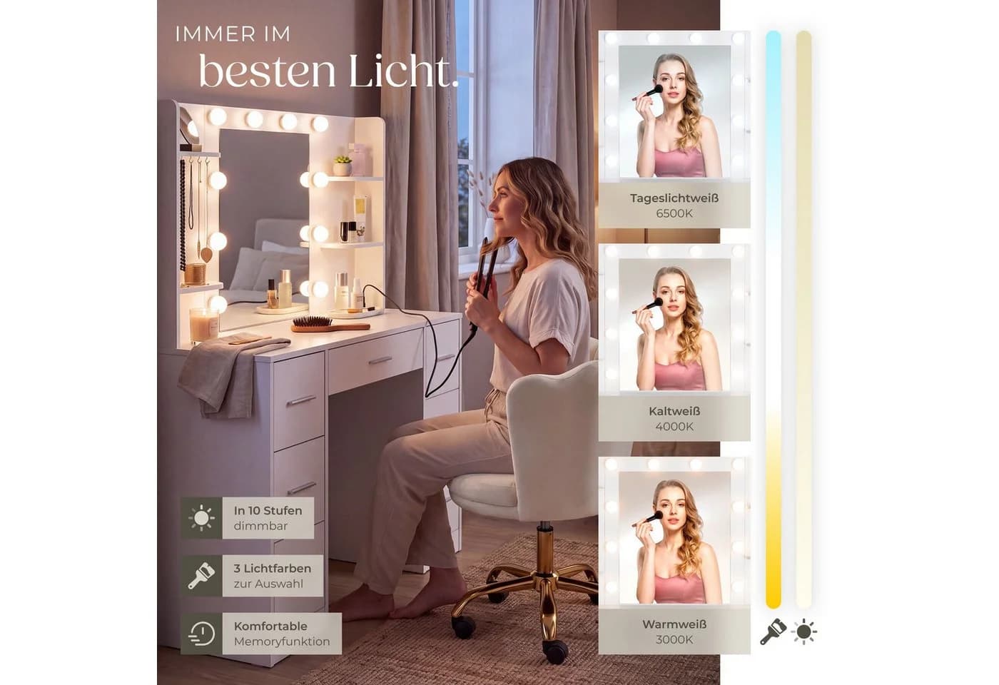 TECTAKE Schminktisch Charlotte mit LED-Spiegel, 7 Schubladen & Ladestation - Bild 4