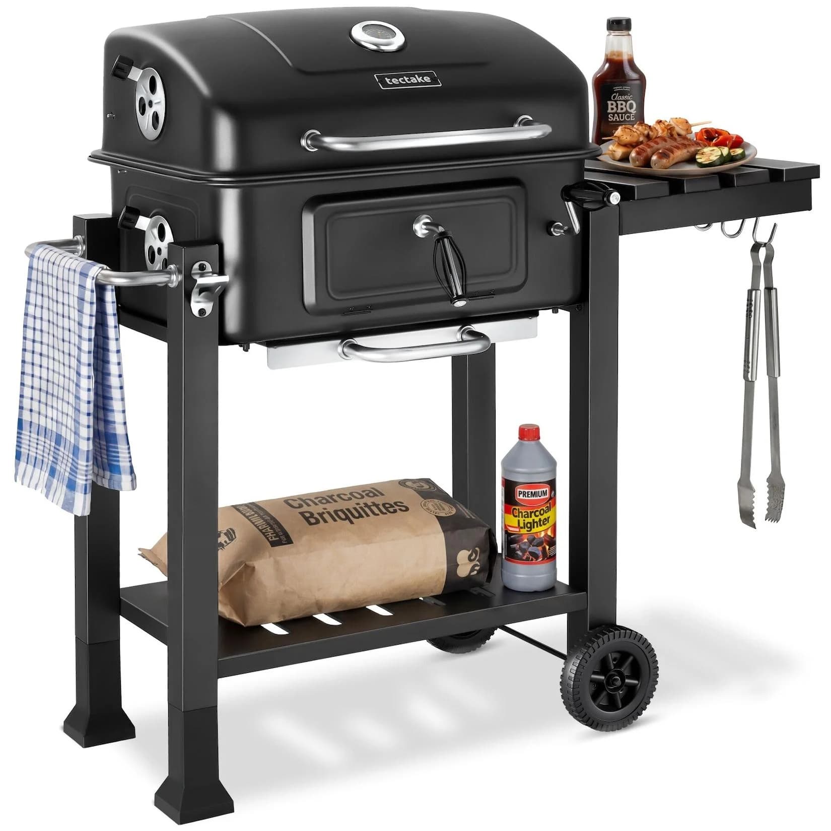 tectake Holzkohlegrill mit 2 Rädern & höhenverstellbarer Wanne