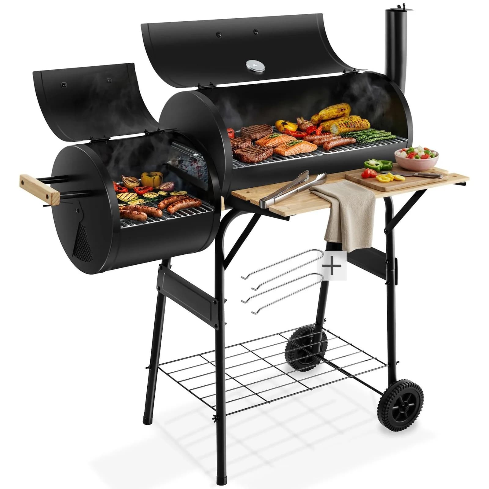 TECTAKE Holzkohlegrill Smoker 2in1 Schwarz mit Thermometer