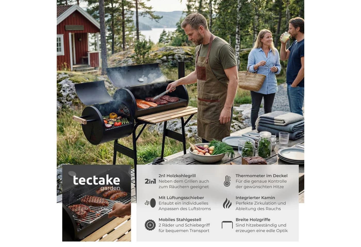 TECTAKE Holzkohlegrill Smoker 2in1 Schwarz mit Thermometer - Bild 2
