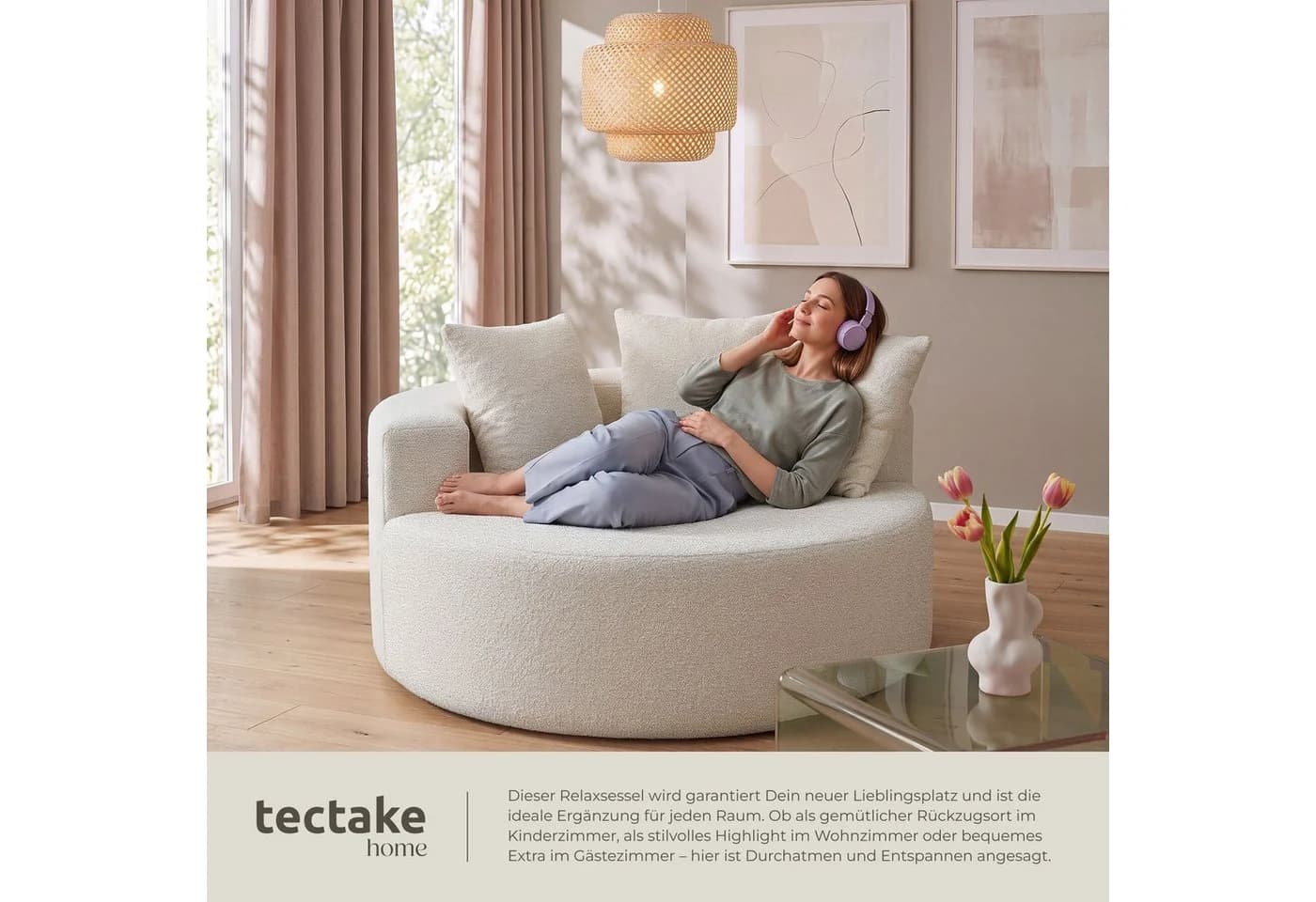 TECTAKE Relaxsessel Love mit Bouclé-Bezug Beige Halbkreisförmige Lehne - Bild 4