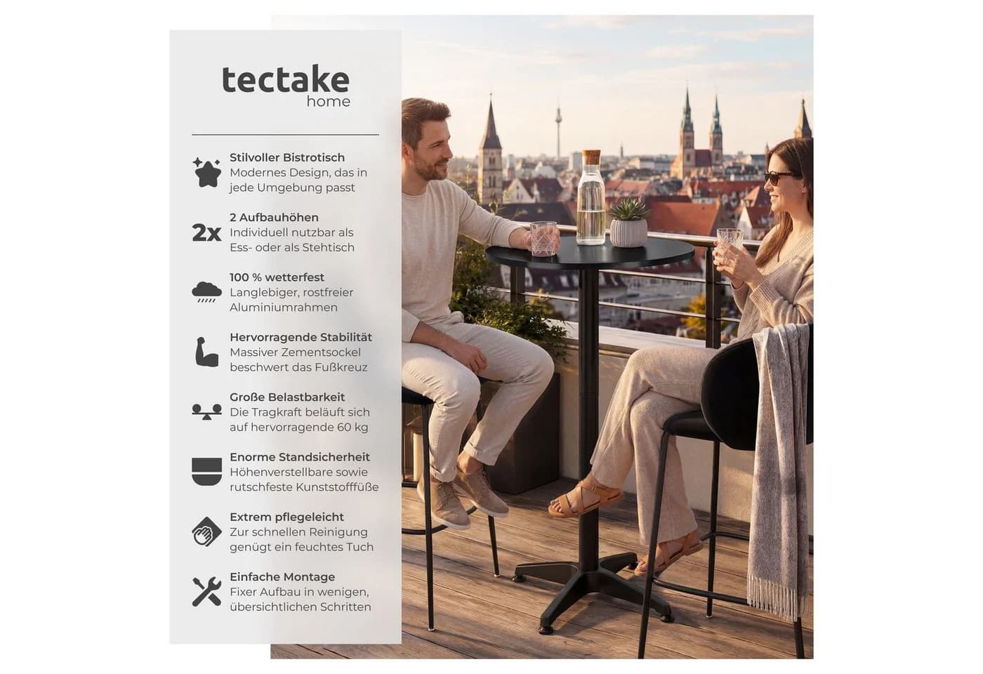 tectake Bistrotisch Frederic Schwarz Höhenverstellbar Aluminium