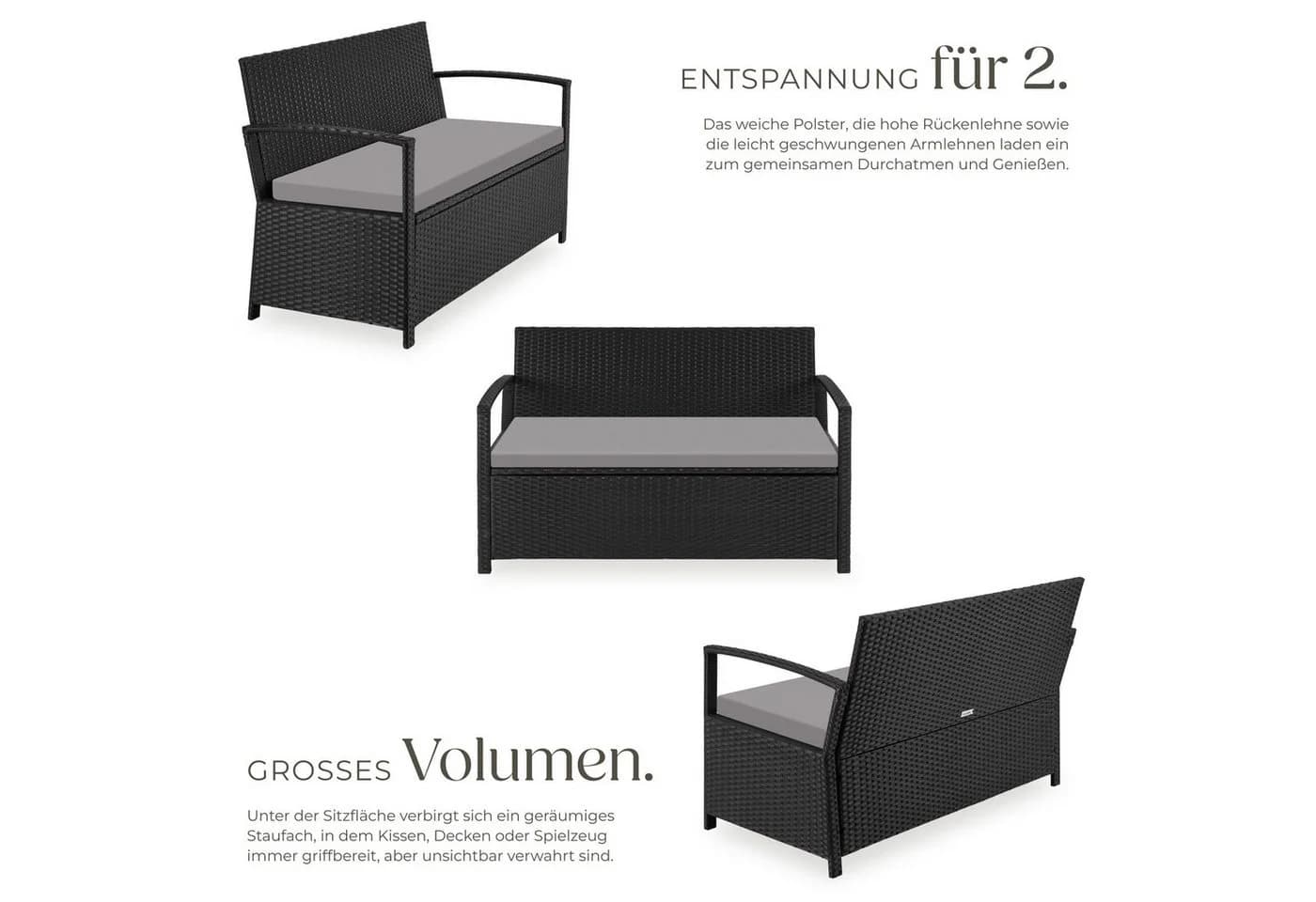 TECTAKE Gartenbank Vecchia 2-Sitzer Schwarz Polyrattan mit Stauraum - Bild 3