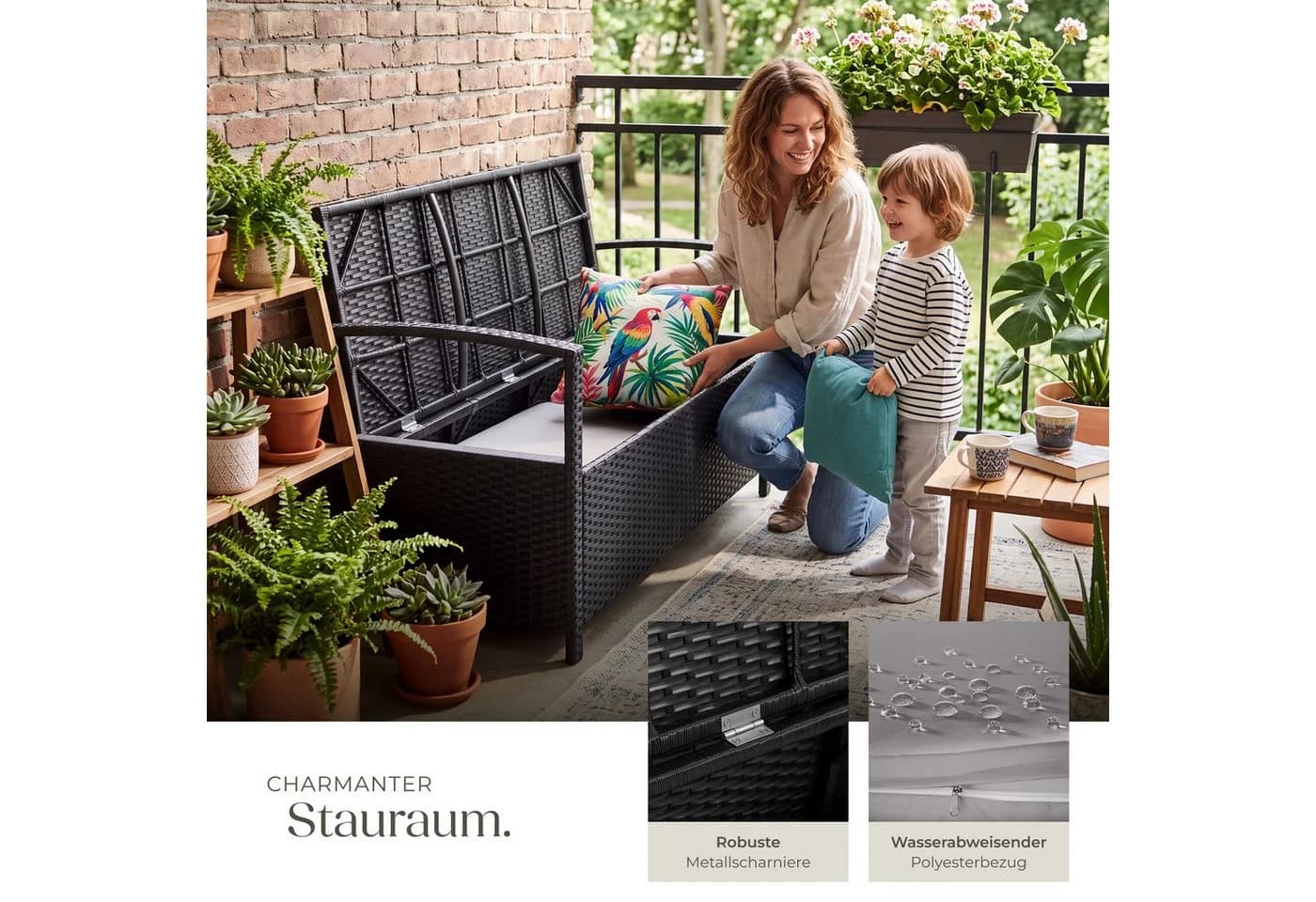 TECTAKE Gartenbank Vecchia 2-Sitzer Schwarz Polyrattan mit Stauraum - Bild 4