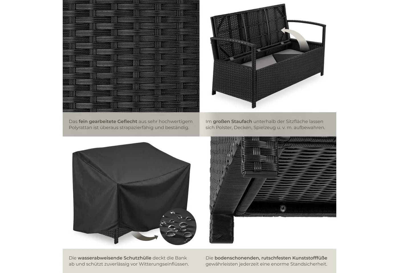 TECTAKE Gartenbank Vecchia 2-Sitzer Schwarz Polyrattan mit Stauraum - Bild 5