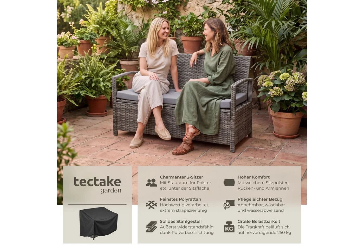 TECTAKE Gartenbank Vecchia Grau Polyrattan 2-Sitzer mit Stauraum