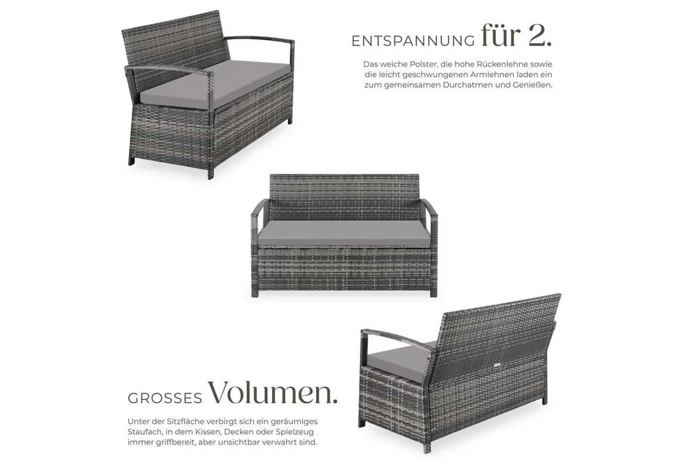 TECTAKE Gartenbank Vecchia Grau Polyrattan 2-Sitzer mit Stauraum - Bild 3