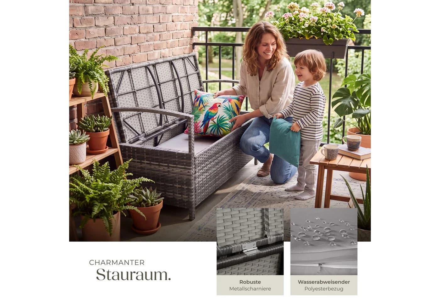 TECTAKE Gartenbank Vecchia Grau Polyrattan 2-Sitzer mit Stauraum - Bild 4