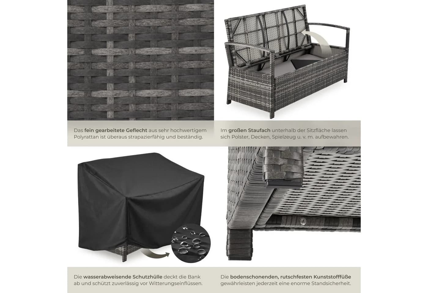 TECTAKE Gartenbank Vecchia Grau Polyrattan 2-Sitzer mit Stauraum - Bild 5