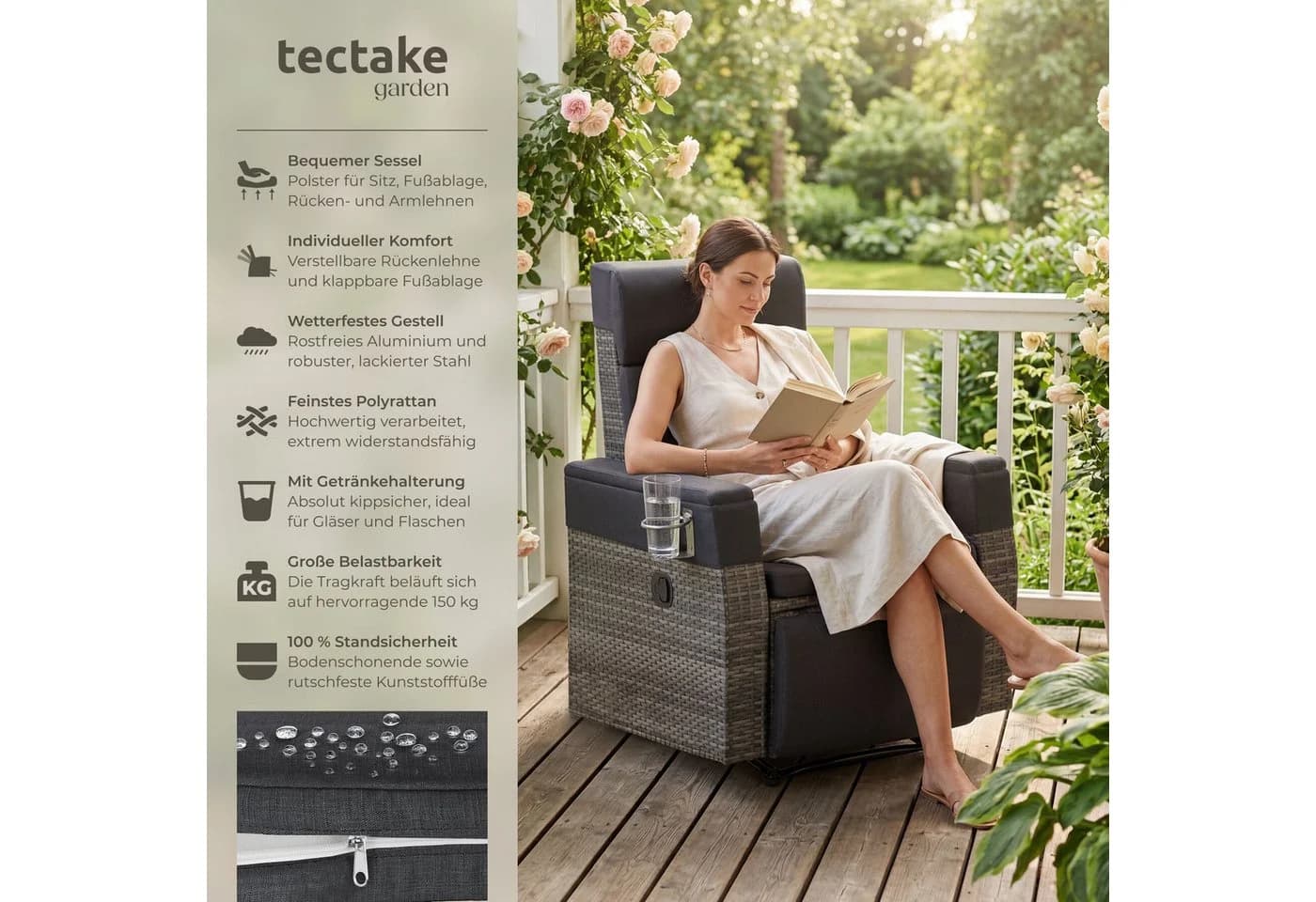 TECTAKE Rattansessel Pacentro Aluminium wetterfest verstellbare Rückenlehne grau