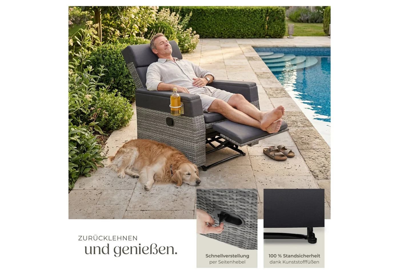 TECTAKE Rattansessel Pacentro Aluminium wetterfest verstellbare Rückenlehne grau - Bild 4