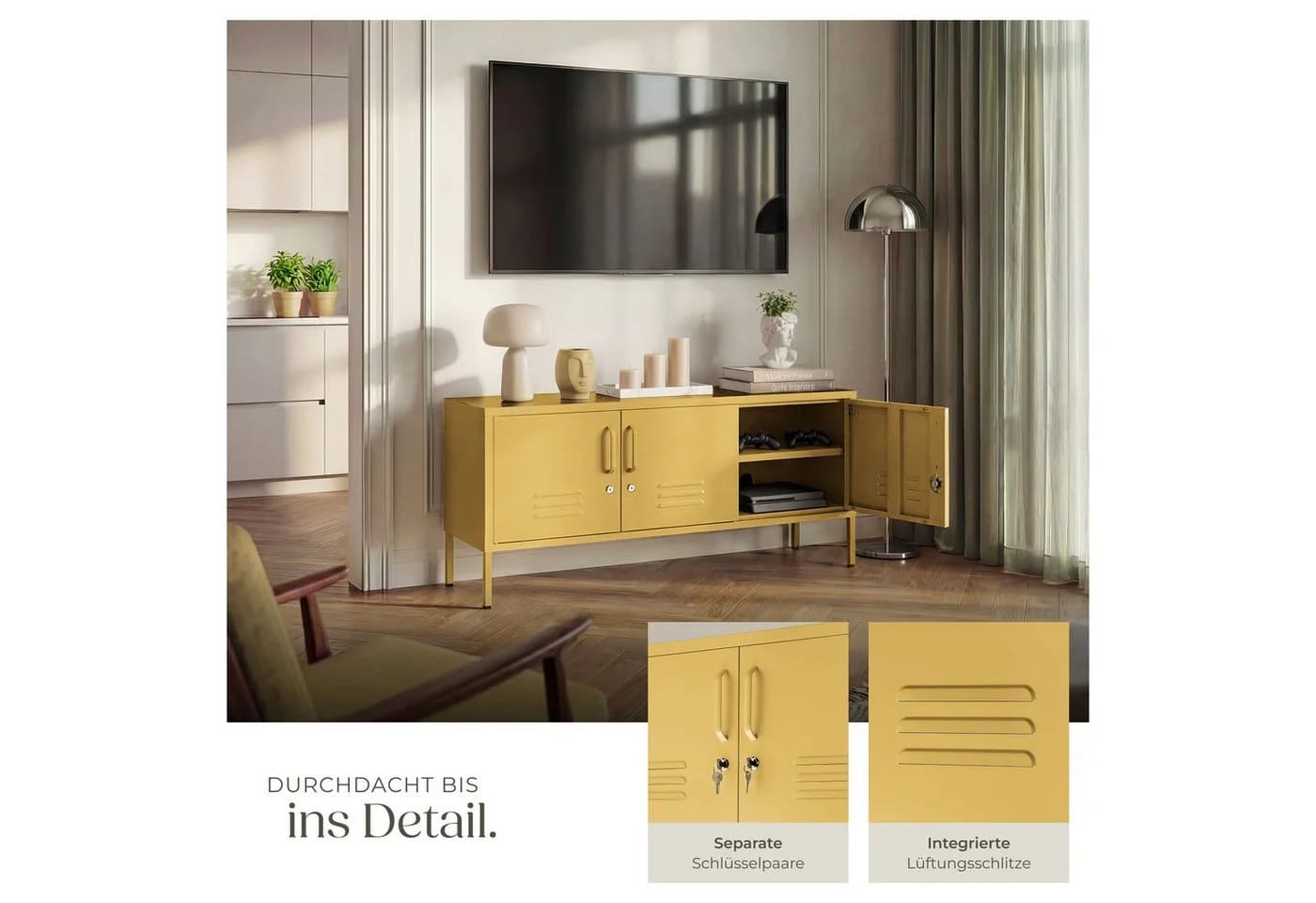 TECTAKE Sideboard Baker 3 Türen abschließbar Stahl Gelb - Bild 4