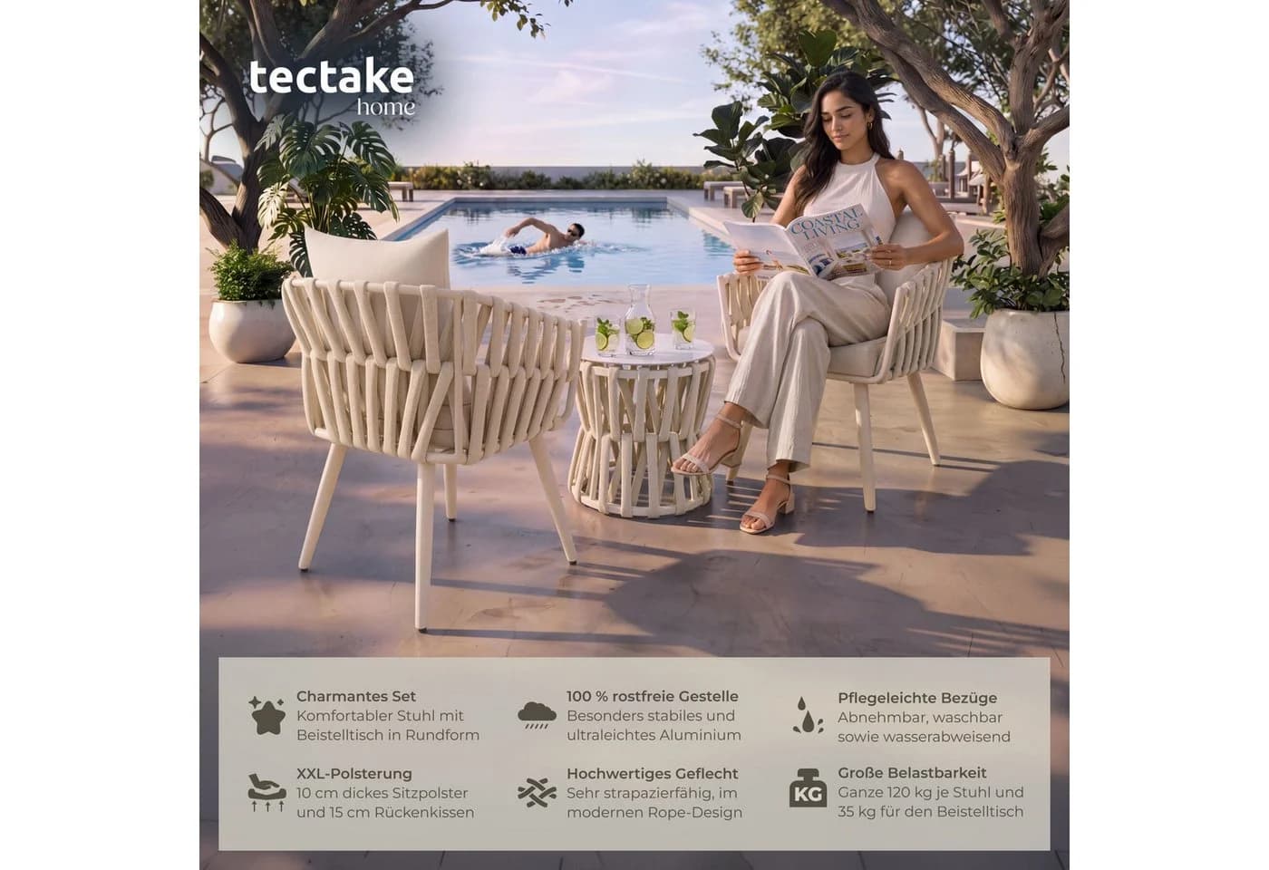 TECTAKE Gartenlounge-Set Lugano 3-tlg. Beige Aluminium Rope-Design