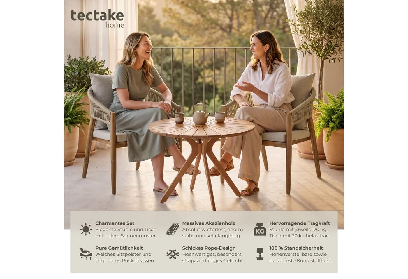 TECTAKE Gartenlounge-Set 3-tlg. Akazienholz Sand Rope-Design