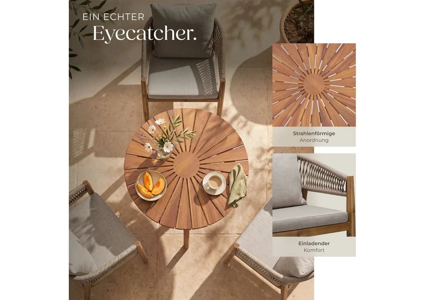 TECTAKE Gartenlounge-Set 3-tlg. Akazienholz Sand Rope-Design - Bild 4