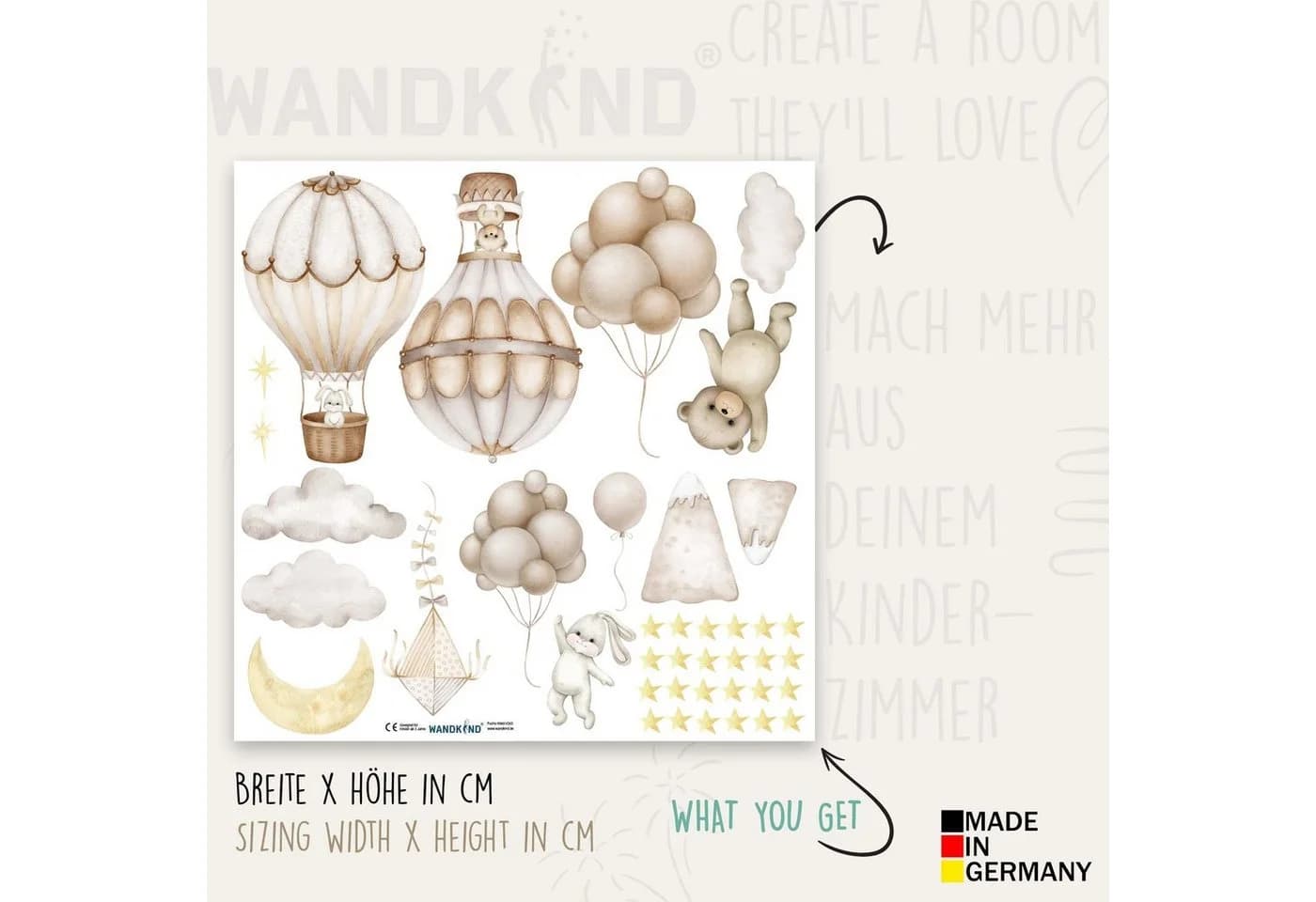 WANDKIND Wandtattoo Heissluftballon Tiere V396 (Bär) Selbstklebend