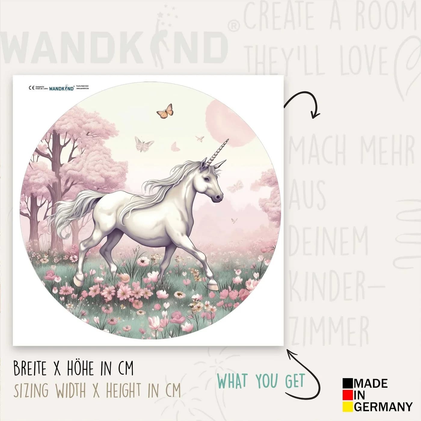 WANDKIND Wandtattoo Einhorn RUND V417 Blumenwiese - Selbstklebend