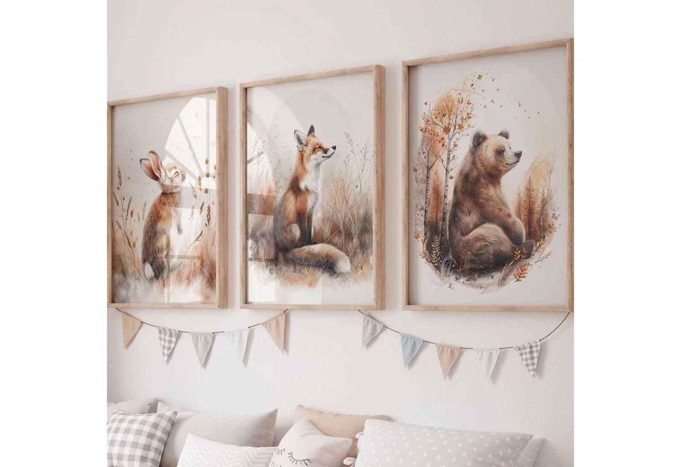 WANDKIND Poster 3er Set Waldtiere Bär Fuchs Hase Beige Braun Orange - Bild 2
