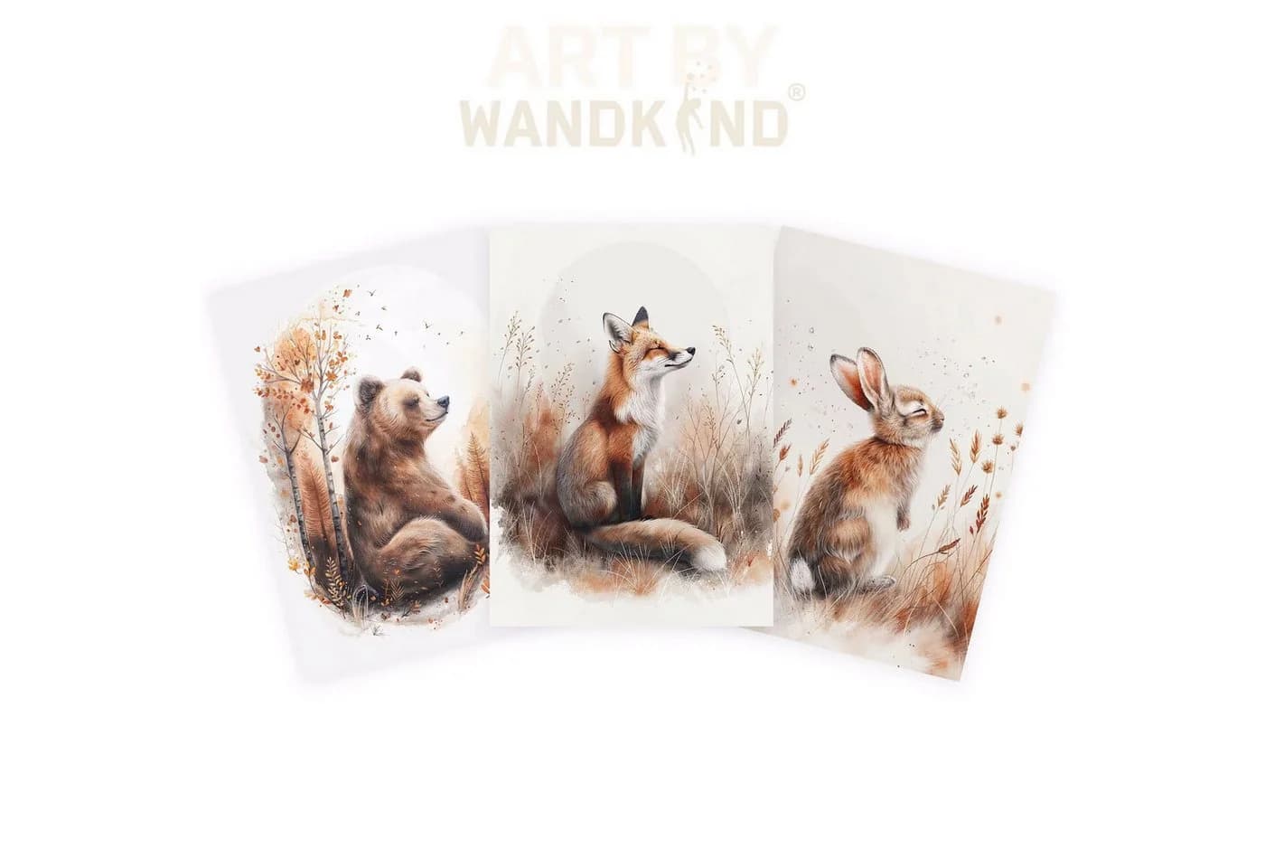 WANDKIND Poster 3er Set Waldtiere Bär Fuchs Hase Beige Braun Orange - Bild 3