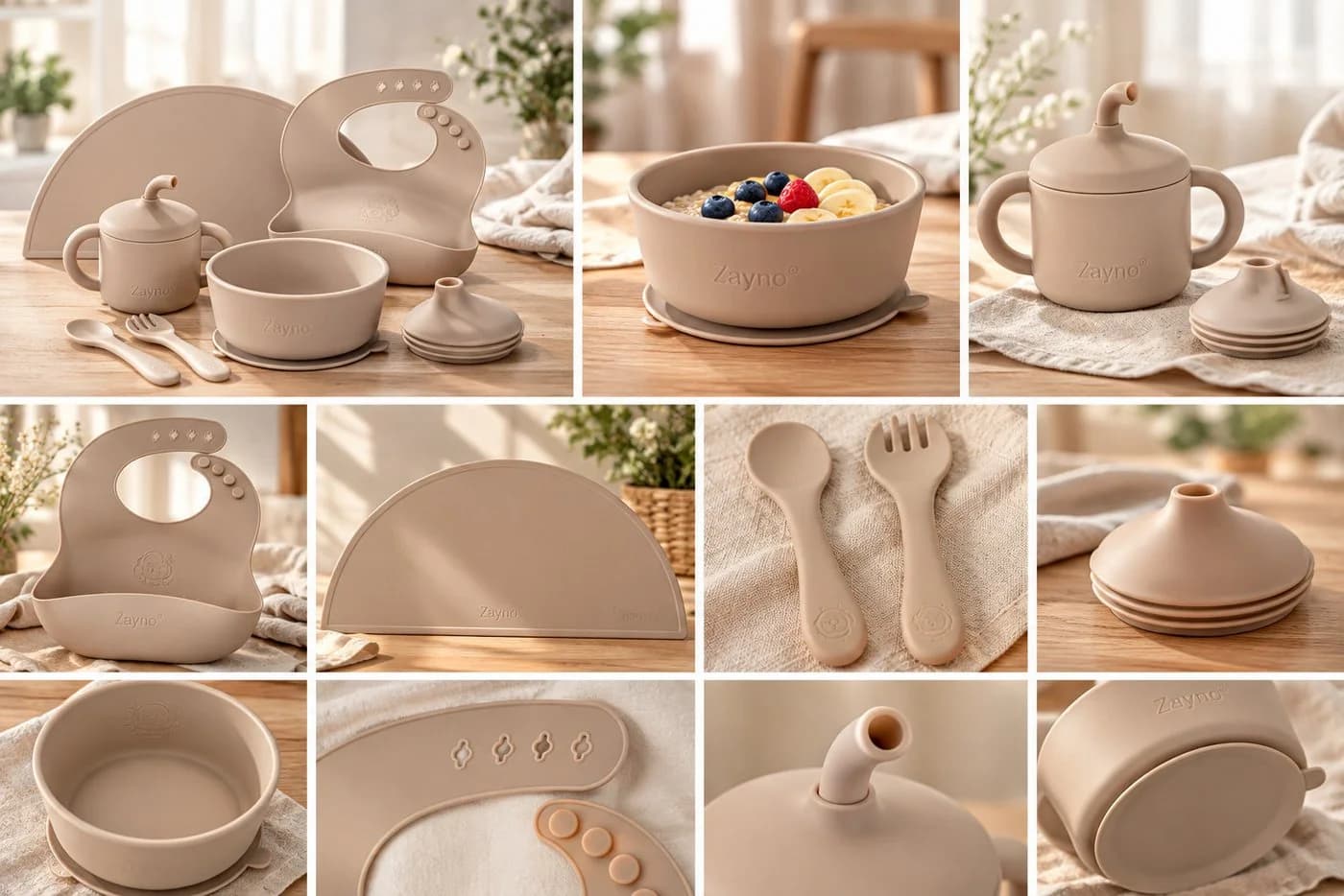 Zayno Kindergeschirr-Set 8-tlg. Silikon Seidenbraun BPA-frei