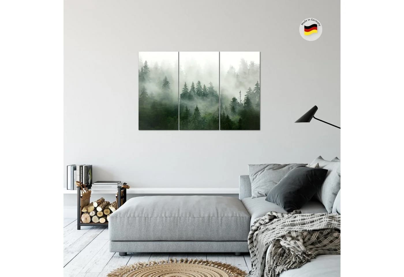 Runa Art 3-teiliges Wandbild Set Wald Natur Grün Grau Nebel - Bild 4