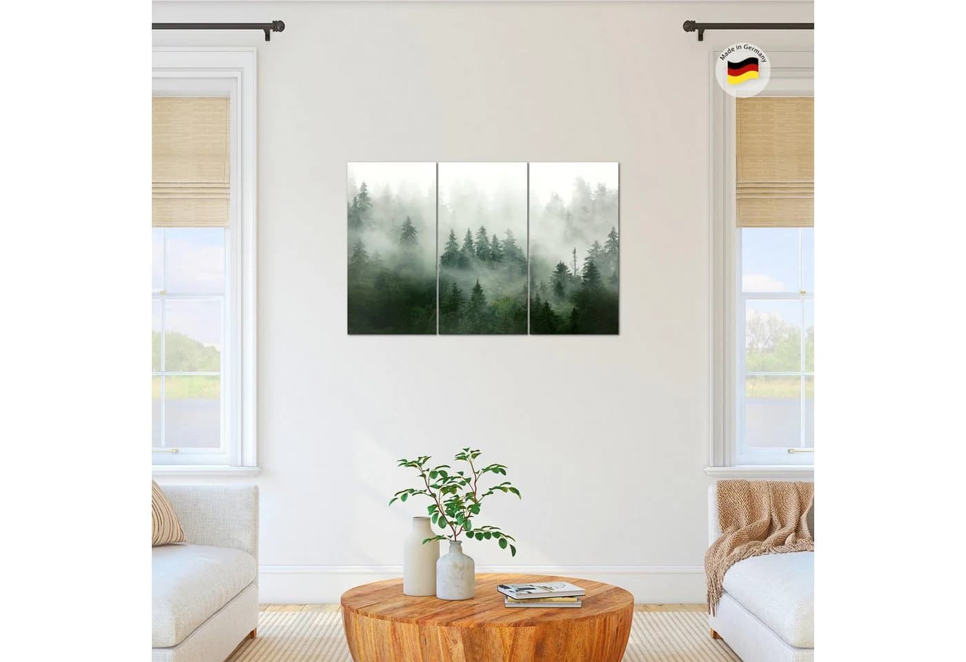 Runa Art 3-teiliges Wandbild Set Wald Natur Grün Grau Nebel - Bild 5
