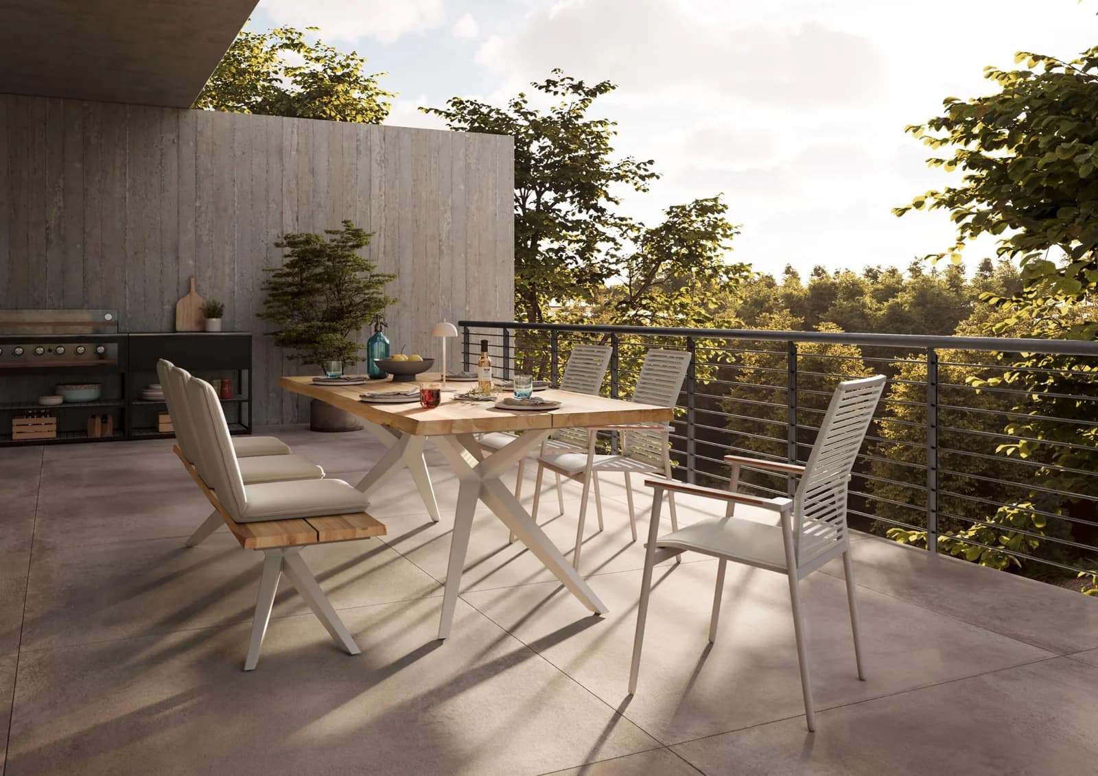 MUSTERRING Sitzbank Freilicht Bänke Teak Edelstahl Ivory