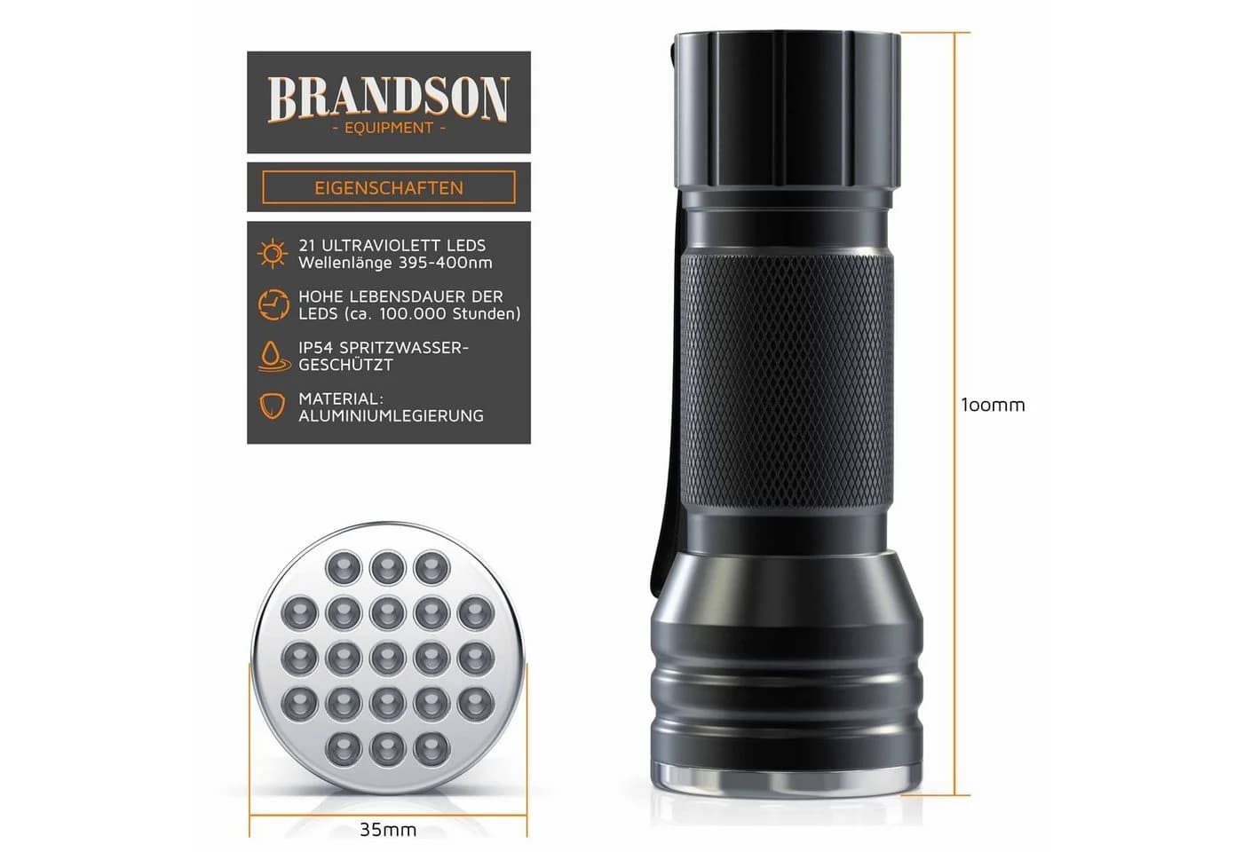 Brandson LED Taschenlampe UV Schwarzlicht 21x Ultraviolett LEDs IP54 - Bild 3