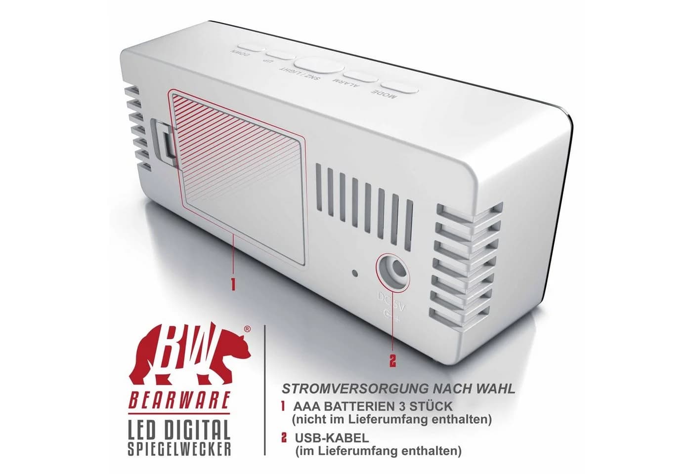 BEARWARE LED Spiegelwecker mit Temperaturanzeige und Nachtmodus Silber/Weiß