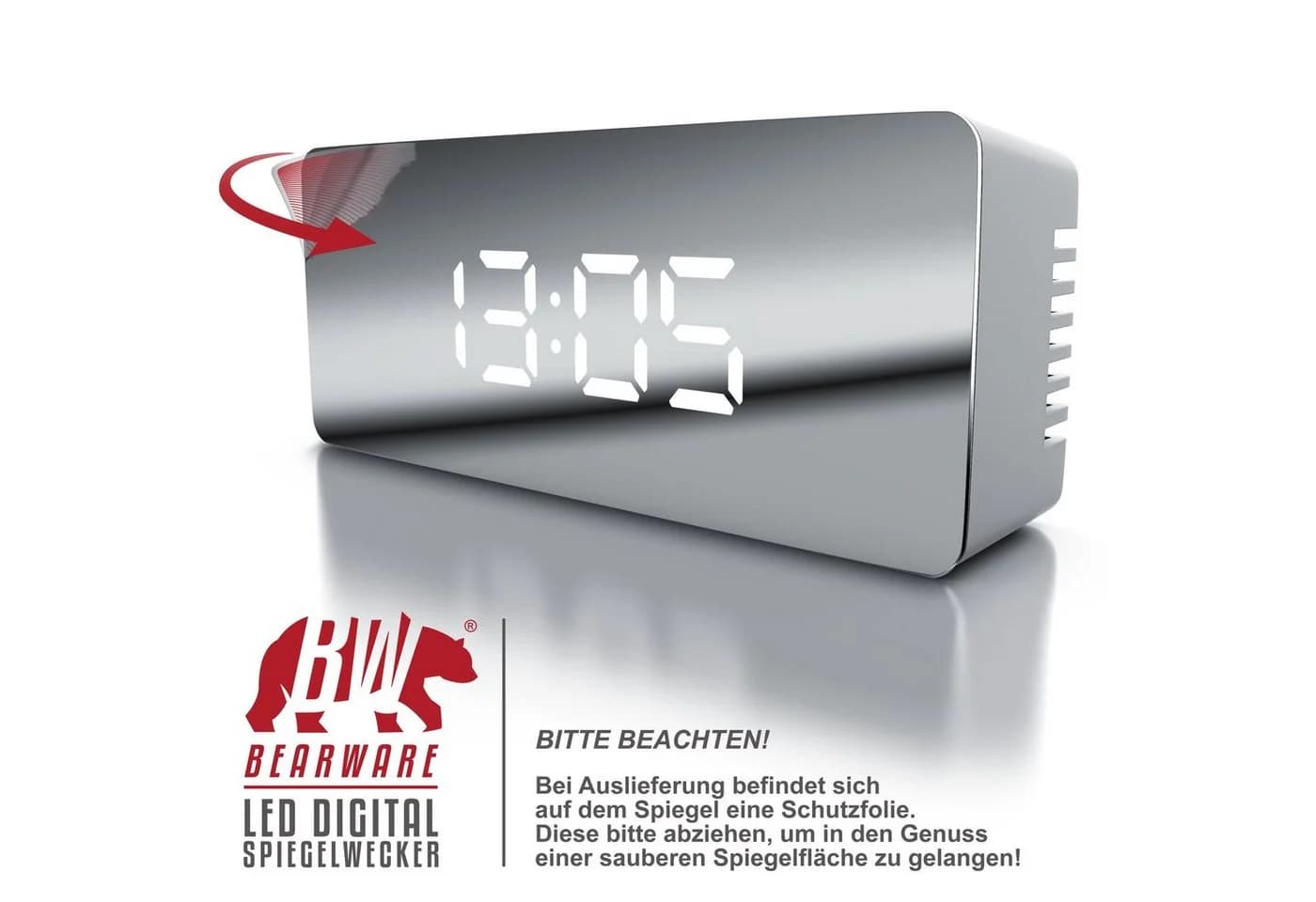 BEARWARE LED Spiegelwecker mit Temperaturanzeige und Nachtmodus Silber/Weiß - Bild 5