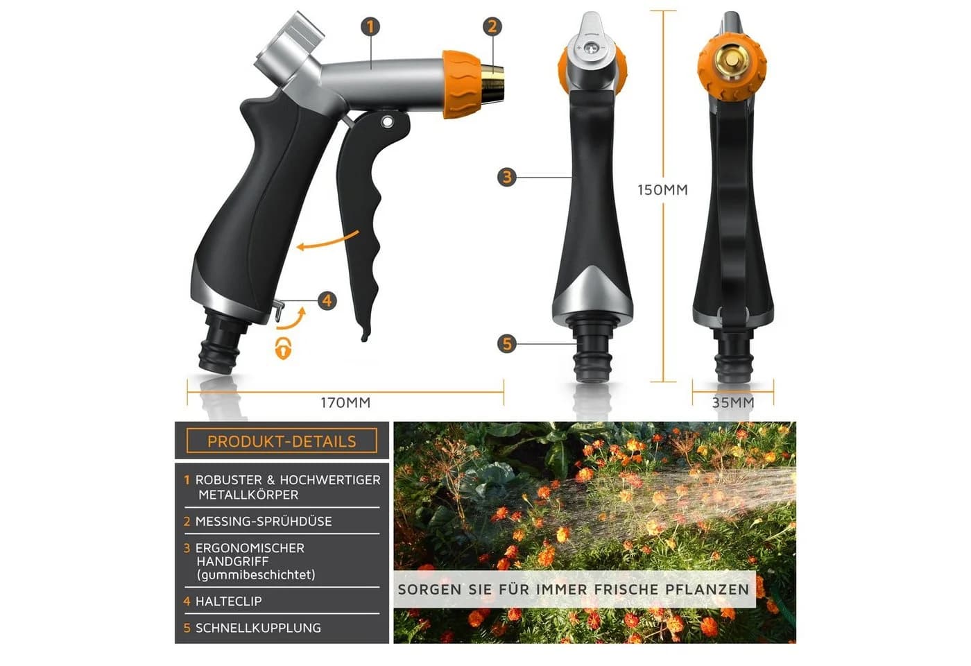 Brandson Multifunktionsbrause Metall Garten Handbrause mit Schnellkupplung - Bild 4