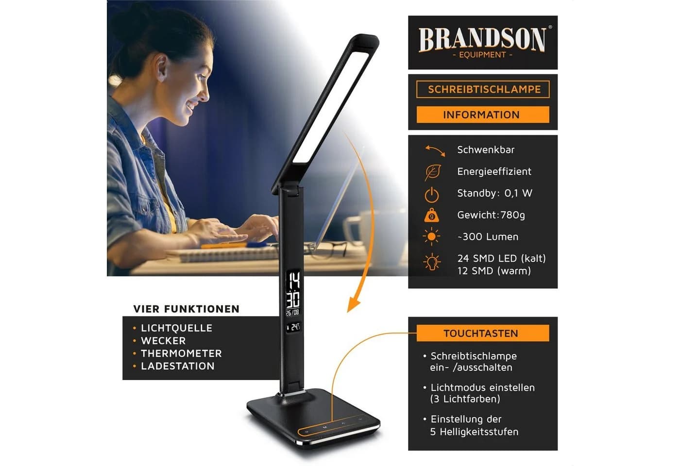 Brandson LED Schreibtischlampe Lederoptik dimmbar mit Wecker und USB - Bild 2