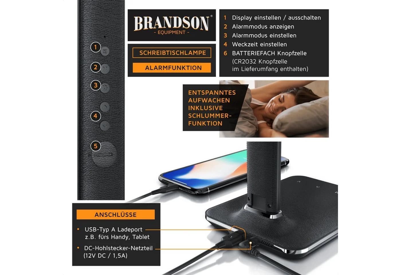 Brandson LED Schreibtischlampe Lederoptik dimmbar mit Wecker und USB - Bild 5