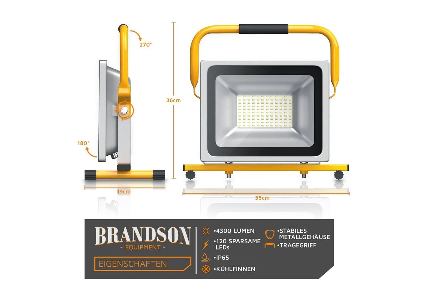 Brandson 50W LED Baustrahler IP65 Schwarz - Wetterfest & Mobil - Bild 3