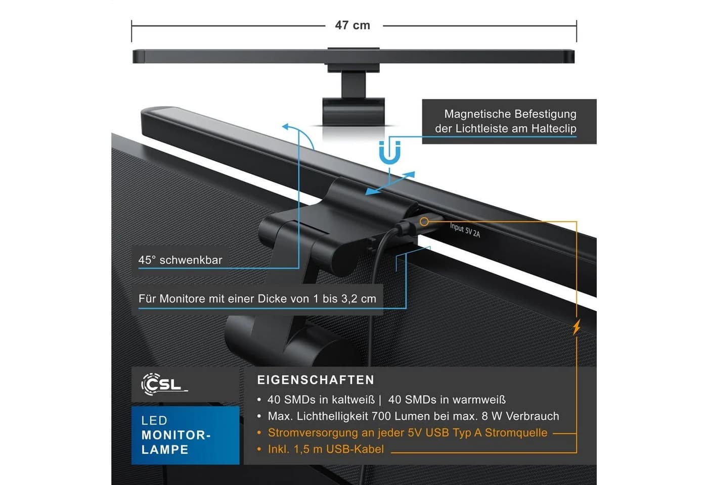 CSL LED Monitorlampe mit Fernbedienung Dimmbar 3 Lichtfarben - Bild 2