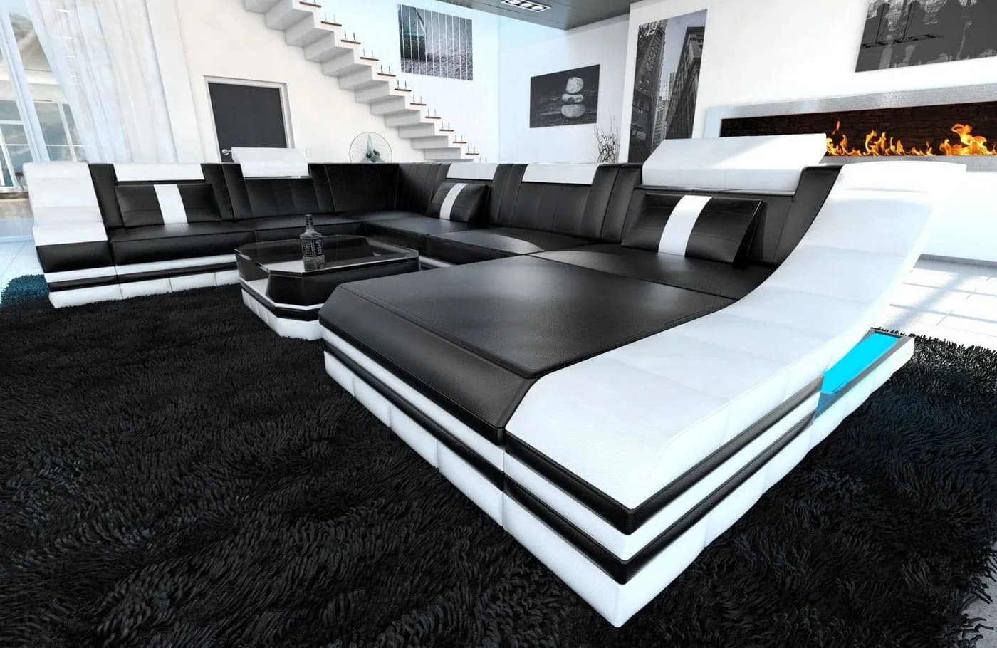 Sofa Dreams Turino XXL U-Form Ledersofa Schwarz mit LED & Schlaffunktion - Bild 2
