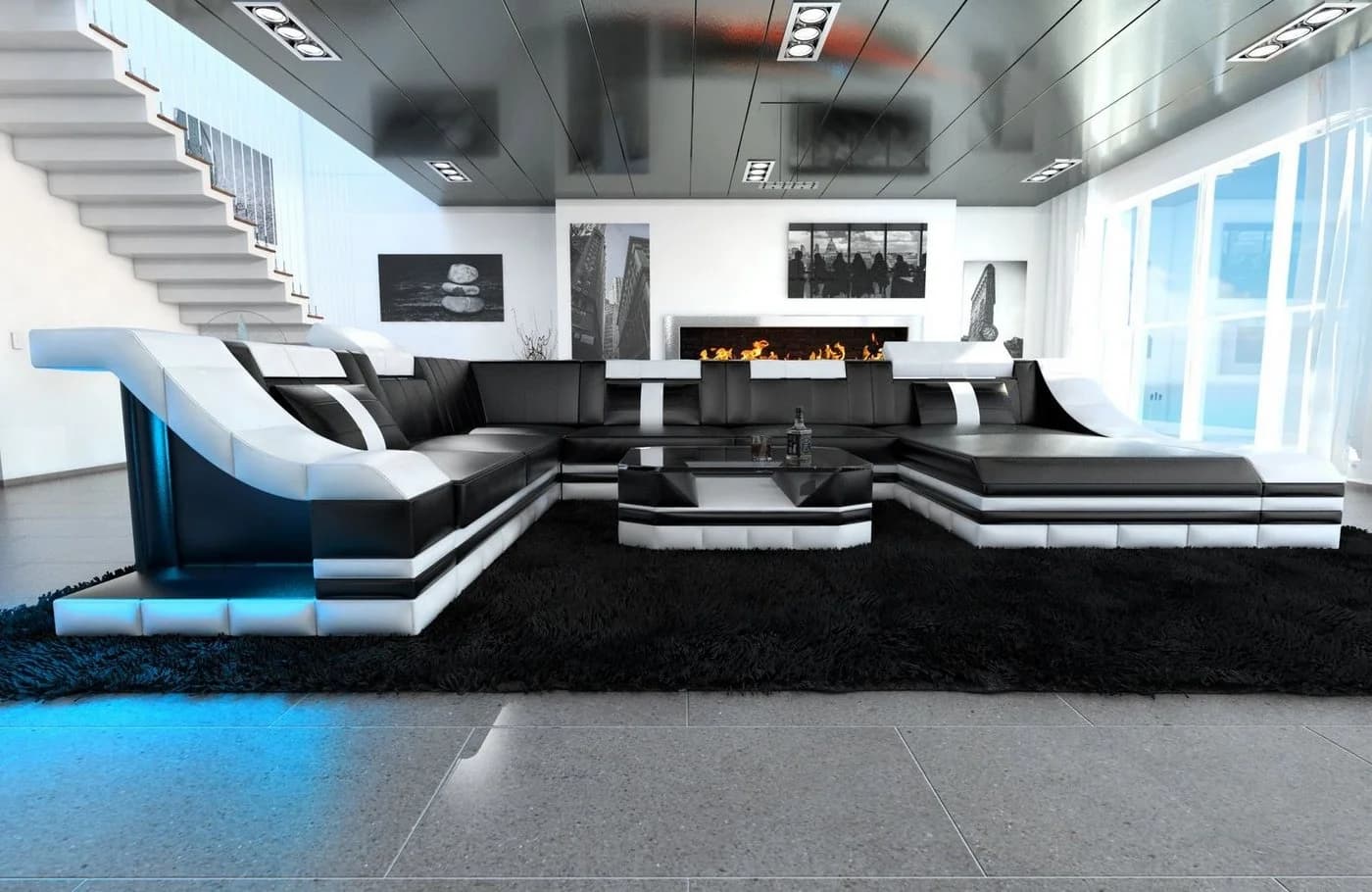 Sofa Dreams Turino XXL U-Form Ledersofa Schwarz mit LED & Schlaffunktion - Bild 3