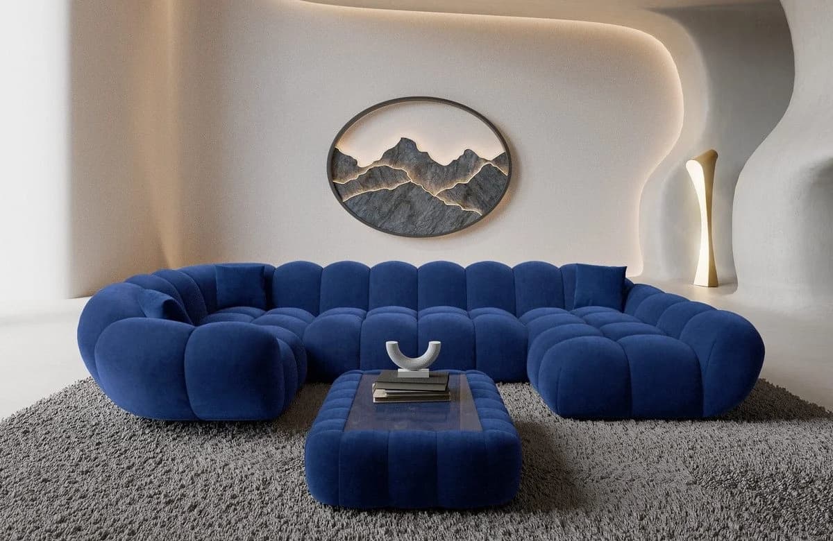Sofa Dreams Maleron U-Form Stoffsofa Samt Dunkelblau mit Ottomane - Bild 2