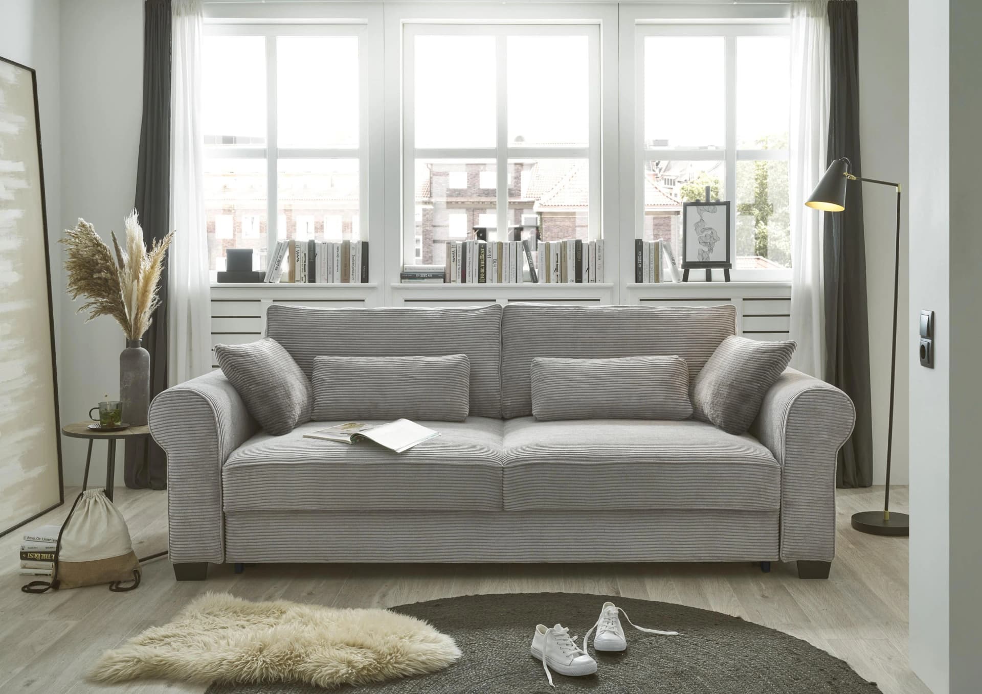 Schlafsofa Angelina Grau mit Bettkasten & Kissen