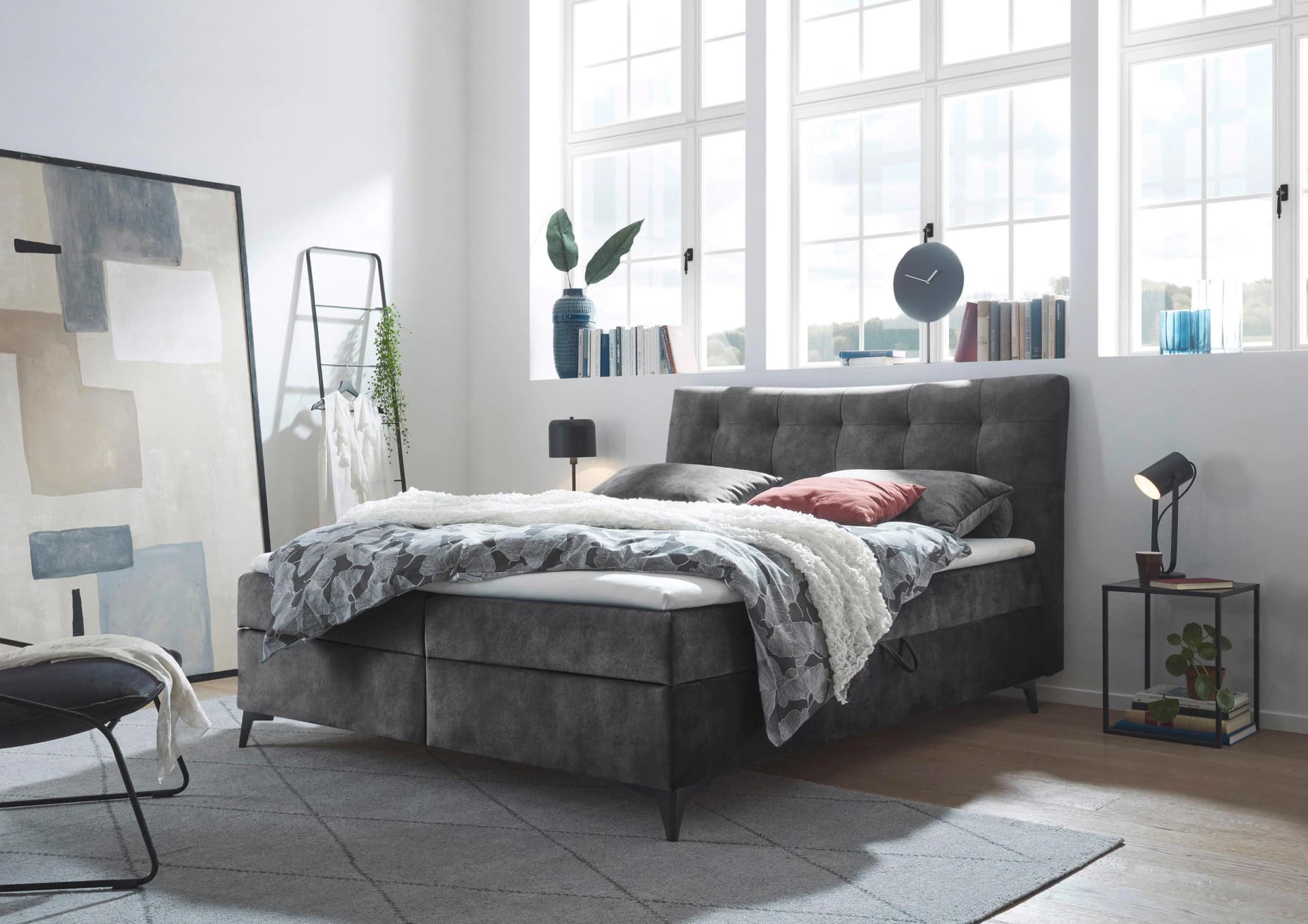 Boxbett Melrose Anthrazit mit Topper und Bettkästen