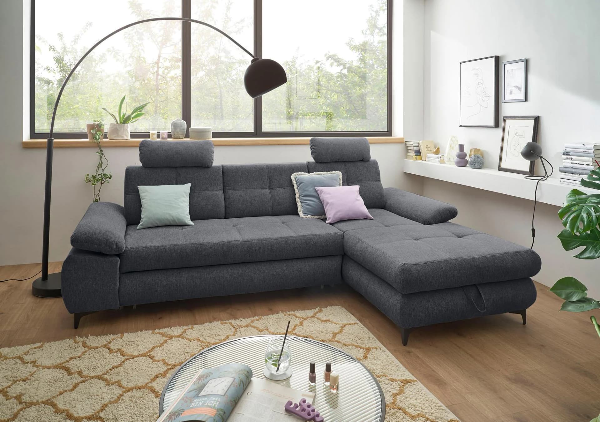 Ecksofa Altona L-Form Anthrazit mit Bettfunktion und Bettkasten
