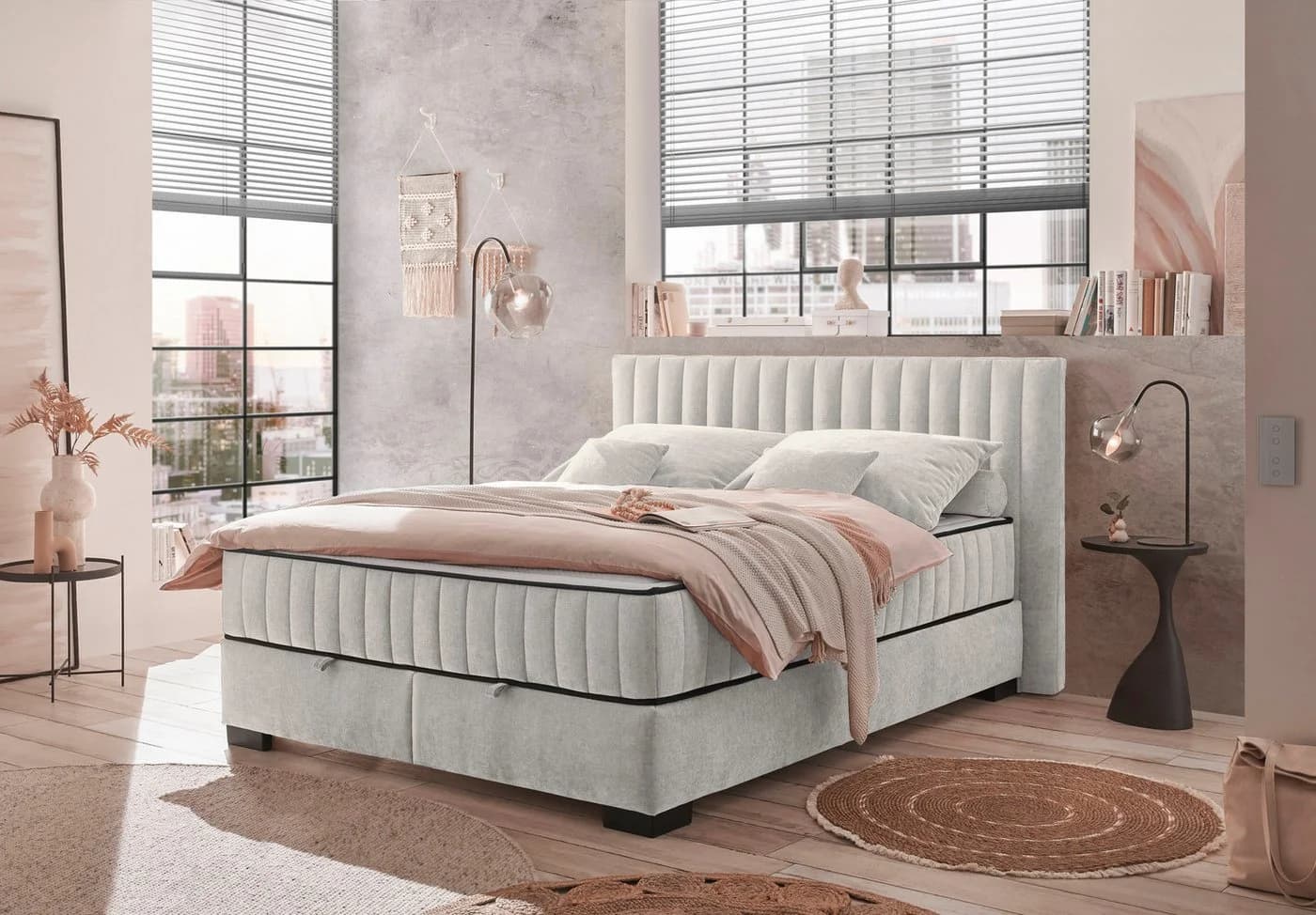 Boxbett Nagol Beige mit Bettkasten und 2 Matratzen