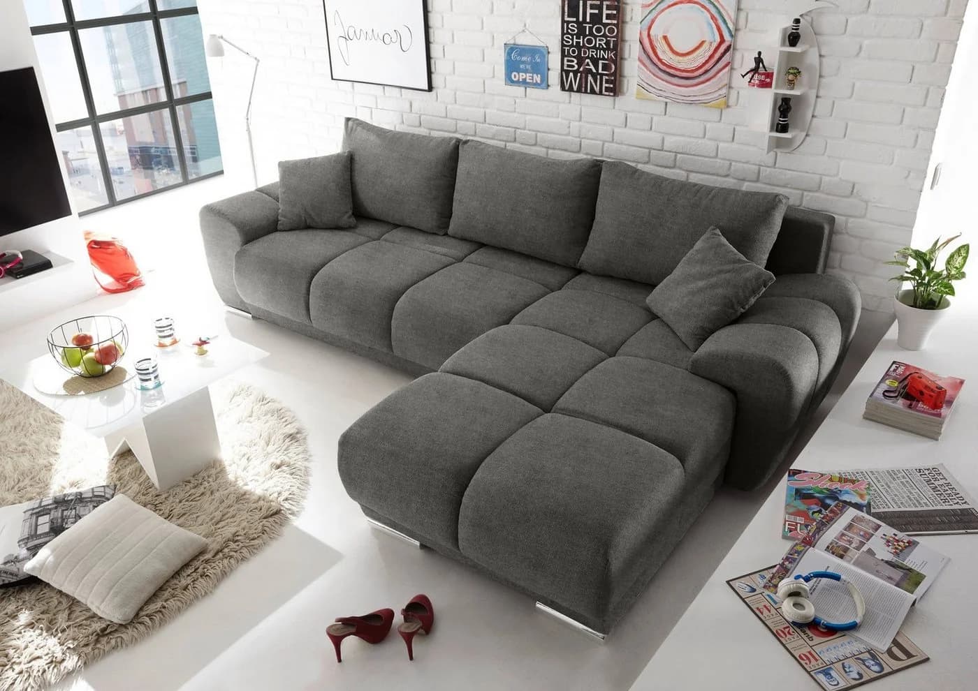 ED EXCITING DESIGN Ecksofa Anton L-Form Grau mit Schlaffunktion - Bild 2