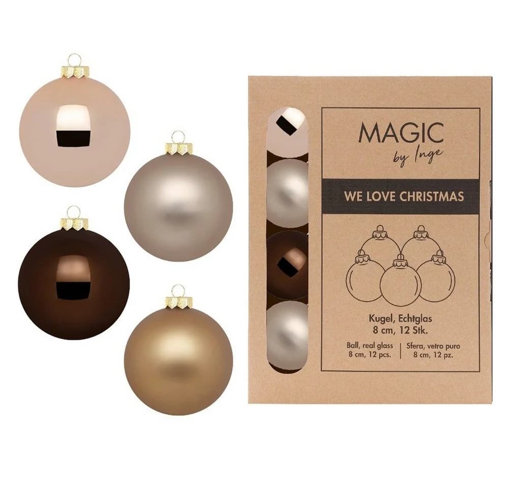 Holly & Jolly Weihnachtsbaumkugel Glas 8cm 12er Set Beige Braun