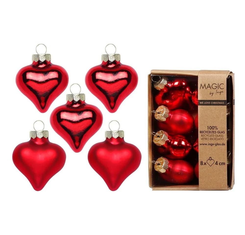 INGE-GLAS® Weihnachtsbaumkugel Herz 4 cm rot 8 Stück