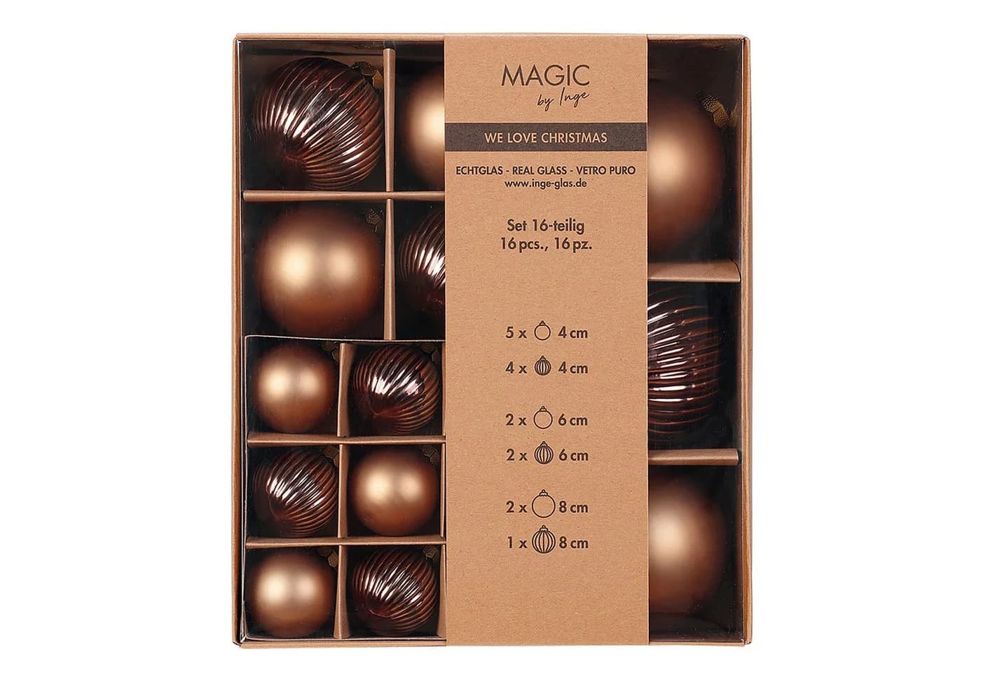 Holly & Jolly Weihnachtsbaumkugel Glas Mix Braun Beige 16er Set