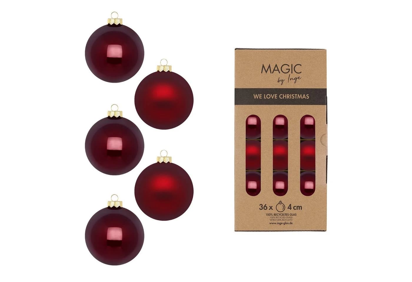 MAGIC by Inge Weihnachtsbaumkugeln 4cm 36 Stück Dunkelweinrot Smooth Port