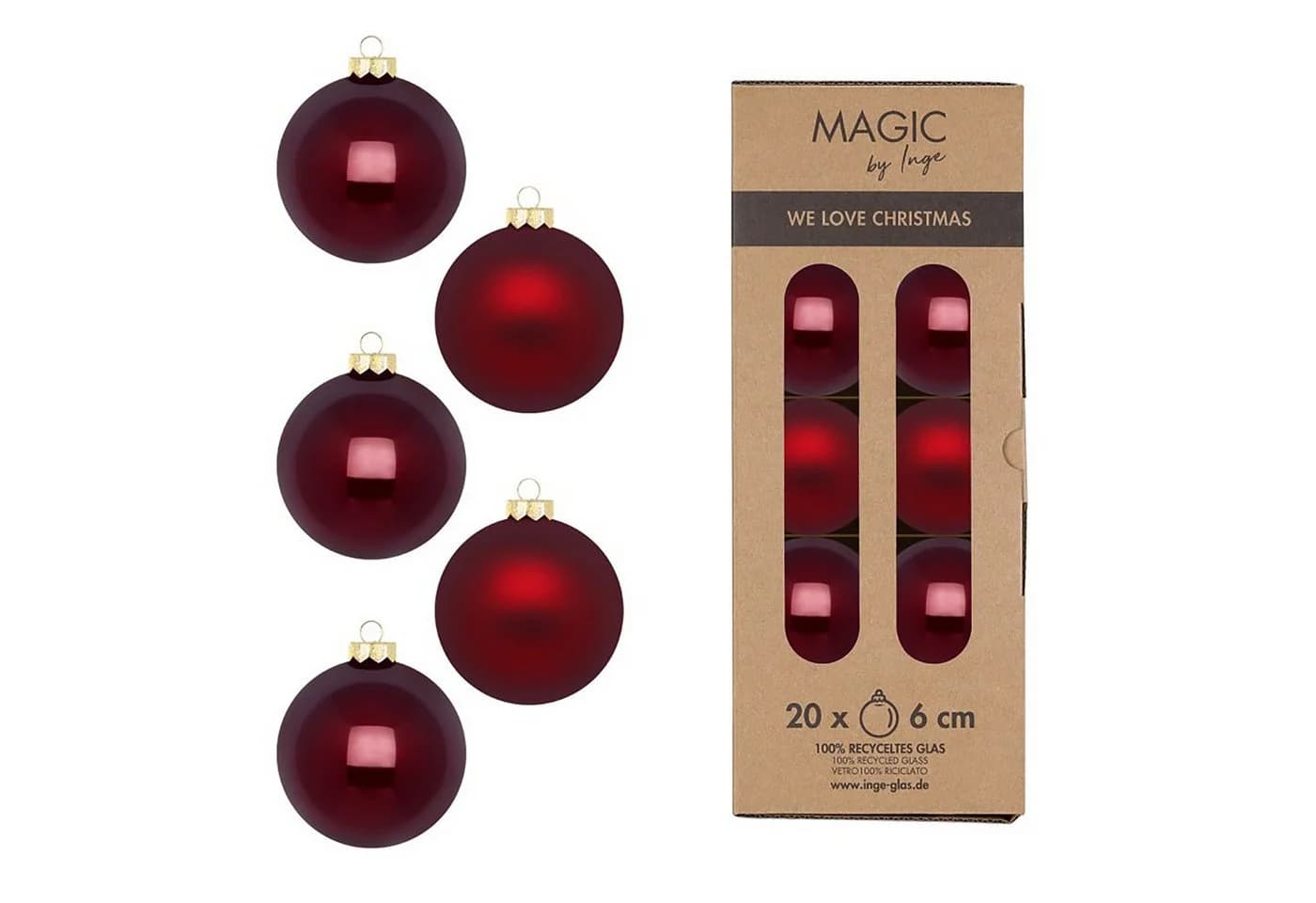MAGIC by Inge Weihnachtsbaumkugeln Glas 6cm 20 Stück Dunkelbordeaux