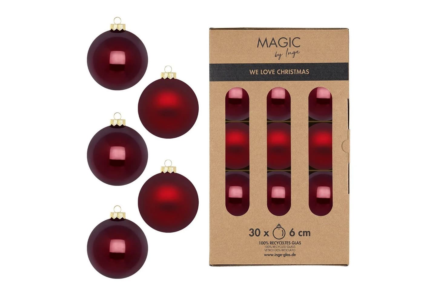 MAGIC by Inge Weihnachtsbaumkugeln 6 cm 30 Stück Dunkelbordeaux