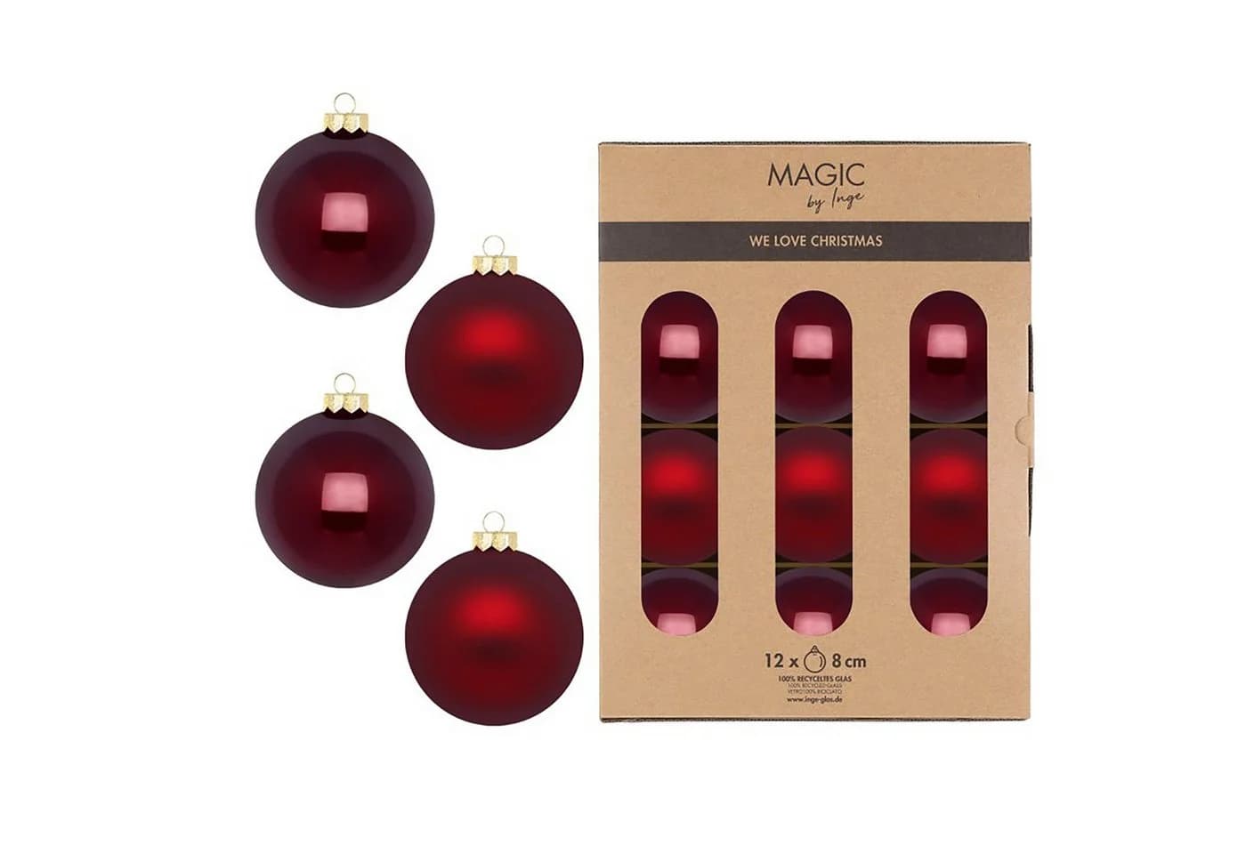 MAGIC by Inge Weihnachtsbaumkugeln Glas 8cm 12 Stück Dunkelbordeaux